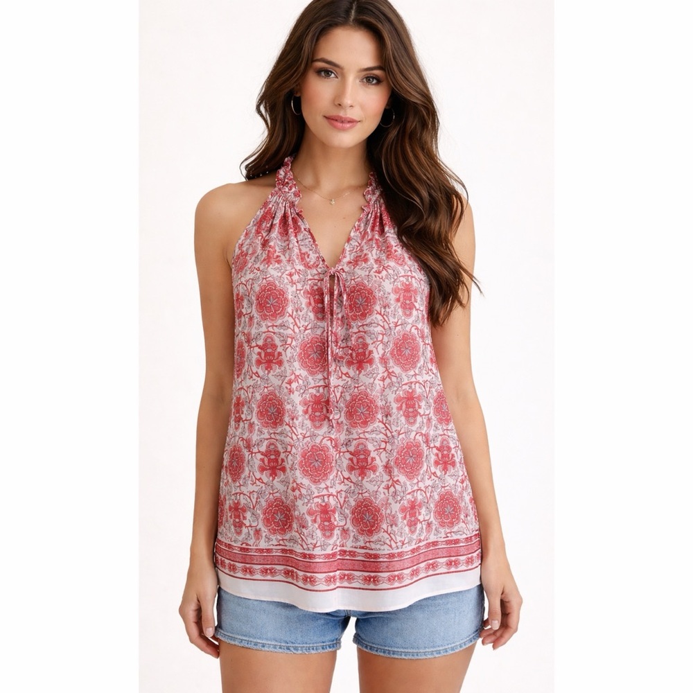 Max Studio • Cottagecore Pink & Blue Floral Halter Tie-Neck Sleeveless Tunic Top